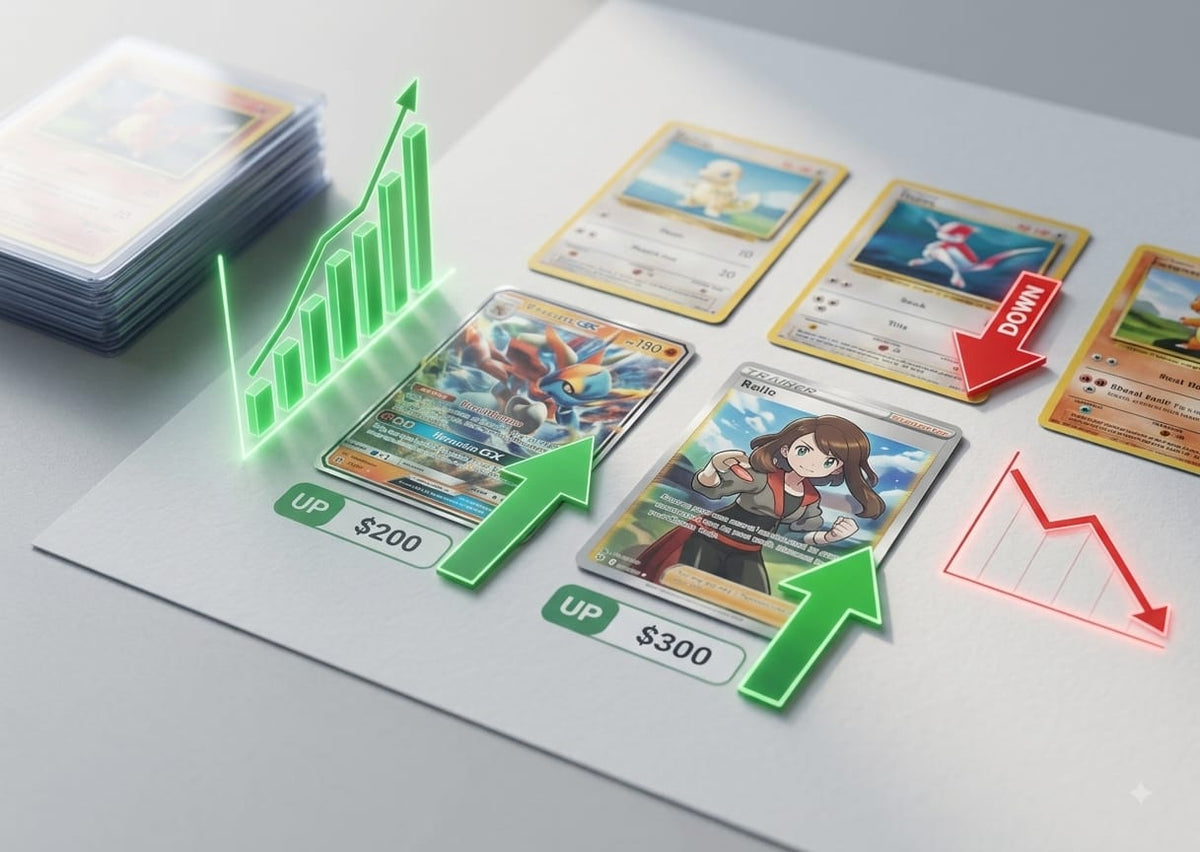 Análisis del mercado TCG con cartas y gráficos